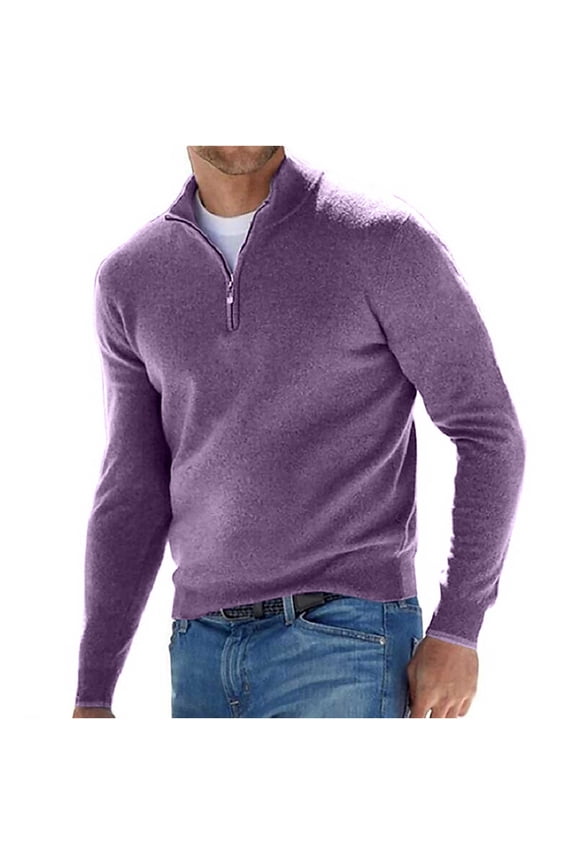 Men's Quarter Zip Pullover Big and Tall Casual Long Sleeve Wool Pullover for Men Warm Ribbed Knit Sweaters 2025 Purple,XXL
