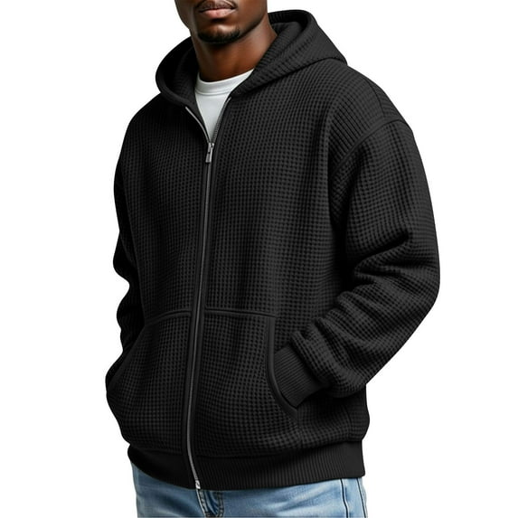 FAVIPT Men's Solid Long Sleeve Jacket Waffle Knit Casual Full Zip Clothes Winter Basic Hooded Coat Black,XL