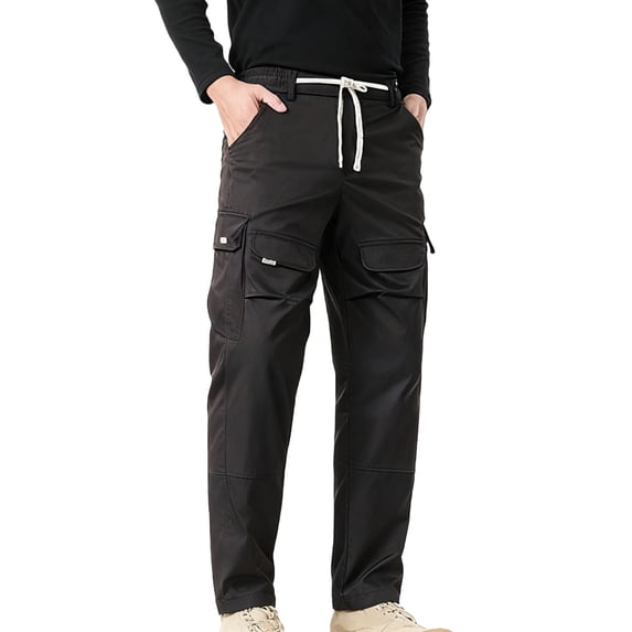 FAVIPT Men's Straight Leg Cargo Pants Elastic Waist Drawstring Pockets Casual Pants Outdoor Mountaineering Hiking Trousers Black,L