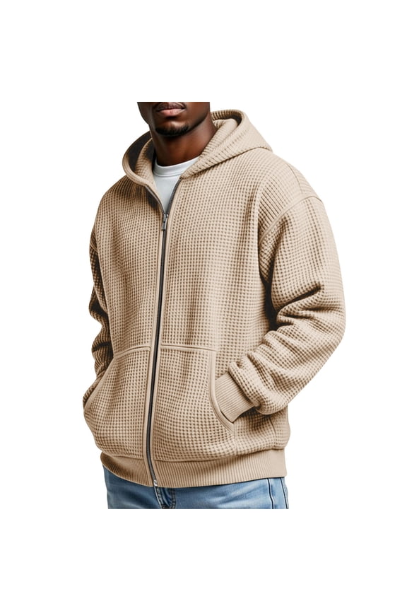 Men's Waffle Knit Hooded Full Zip Solid Color Casual Jackets Long Sleeve Winter Basic Coat Beige,M