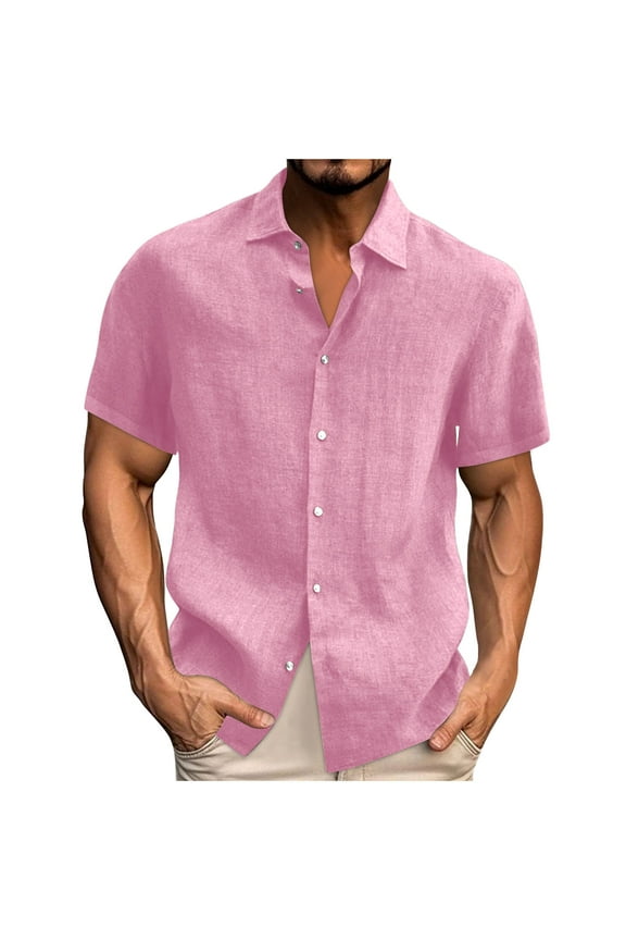 Mens Big and Tall Cotton Shirts Short Sleeve Button Down Lapel Blouses Casual Summer Loose Dressy Tops Pink,XXXL