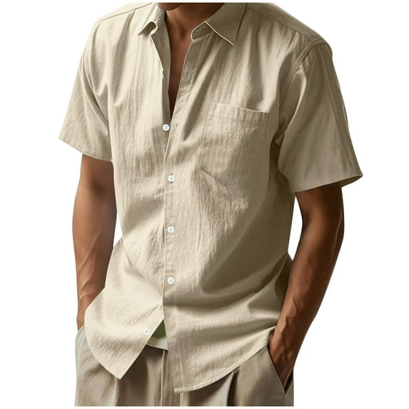 FAVIPT Mens Casual Linen Shirts Button Down Summer 2025 Tees Long Sleeve Plain Stand Collar Tops Work Loose Beach Blouses with Pockets Khaki,XL