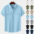 thumbnail image 1 of FAVIPT Mens Cotton Collared Shirts Short Sleeve Button Down Linen Tops Office Work Casual Dress Shirts with Pockets Army Green,XL, 1 of 8