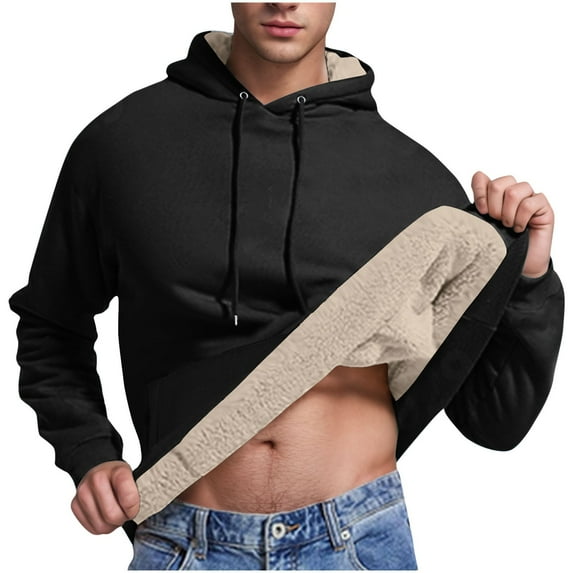 FAVIPT Mens Fleece Hoodies Pullover Men's Soft Comfort Casual Sherpa Lined Hoodie Solid Color Winter Warm Hooded Sweatshirt 2025 Black,M