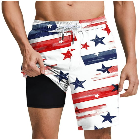 FAVIPT Mens Fourth of July Swim Trunks American Flag Print Shorts Drawstring Elastic Waist Shorts with Liner Quick Dry Pockets Vacation Beach Shorts Summer 2025 Purple,S