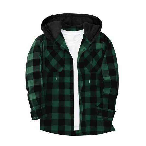 FAVIPT Mens Hooded Plaid Shirt Jacket Casual Fashion Fall 2025 Blouses Long Sleeve Button Up Tops Drawstring Pocket Lightweight Flannel Outerwear Green,M