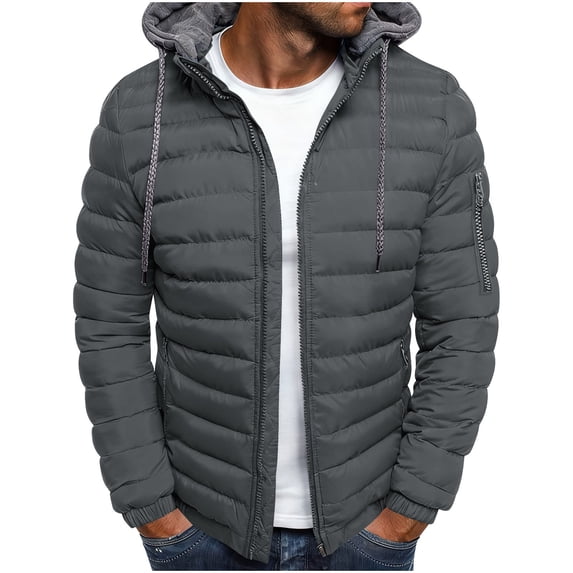 FAVIPT Mens Lightweight Puffer Coat Drawstring Full Zip Padded Warm Hooded Jackets Casual Winter Cozy Outerwear with Zipper Pockets Dark Gray,S
