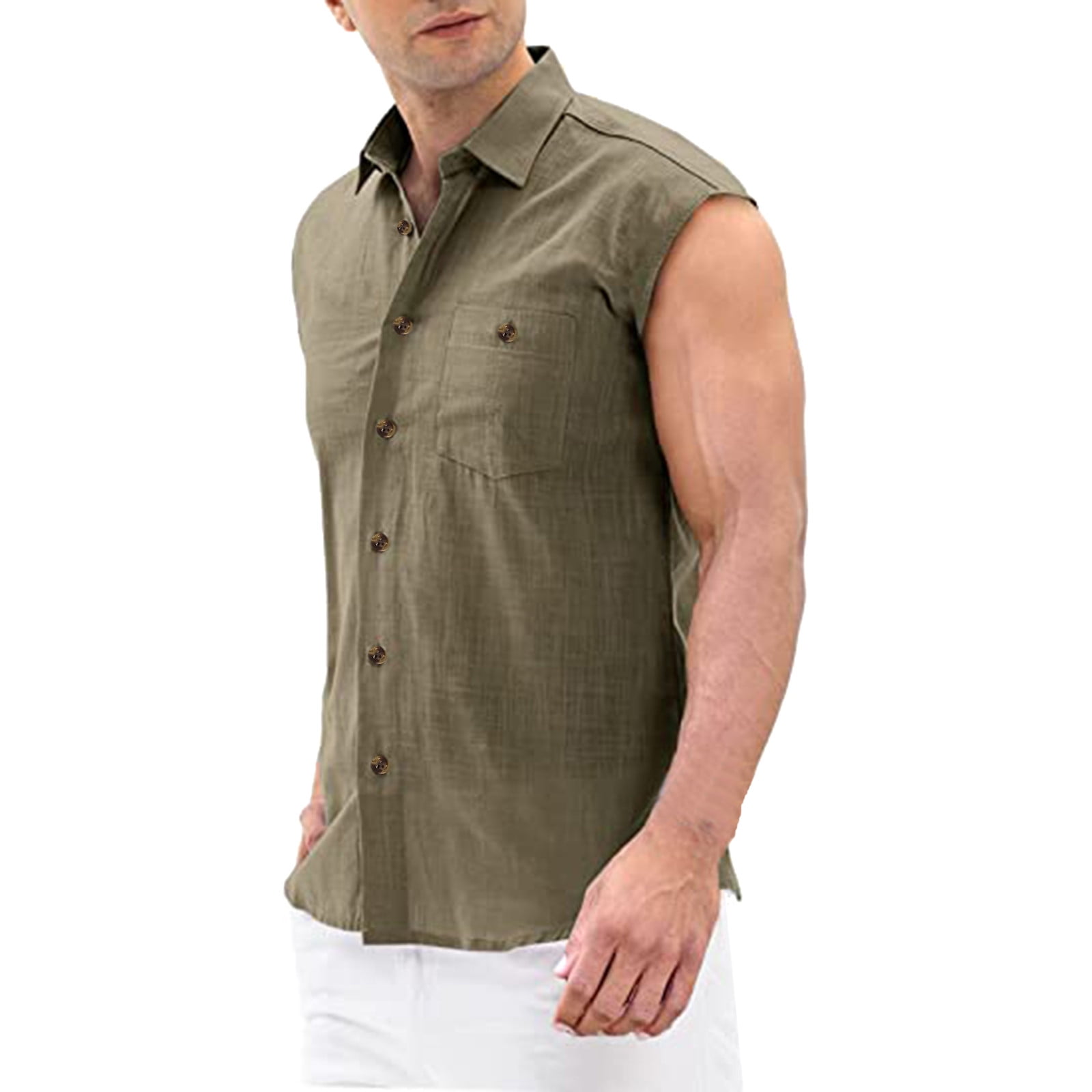 FAVIPT Mens Linen Button Down Tank Shirts Sleeveless Henley Shirt