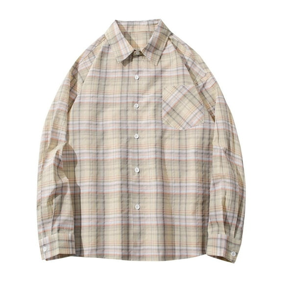 FAVIPT Mens Plaid Cotton Shirt Jacket Lapel Long Sleeve Tops Lightweight Button Up Loose Blouses Relaxed Fit Casual Shacket 2025 Yellow,XL