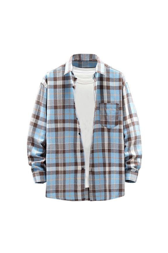 Mens Plaid Flannel Jacket Casual Regular Fit Loose Shirts Long Sleeve Button Down Lapel Tshirts Checkered Lightweight Tops Light Blue,M