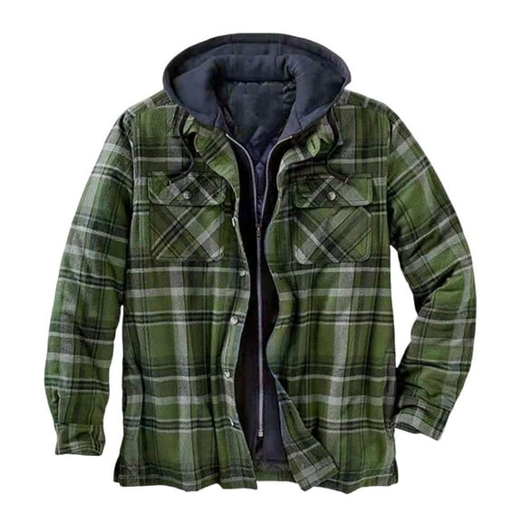 FAVIPT Mens Plaid Flannel Jacket with Hood Fuzzy Sherpa Fleece Lined Button Down Flannel Shirt Jackets Outwear 2024 Green,XXL