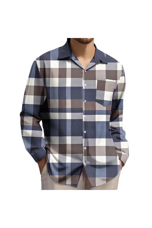 Mens Plaid Flannel Shacket Lapel Collared Long Sleeve Tops Stretchy Button Up Loose Blouses Relaxed Fit Casual Jackets Multicolor,L