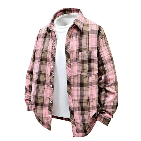 FAVIPT Mens Plaid Flannel Shirt Jacket Lapel Long Sleeve Tops Lightweight Button Up Loose Blouses Relaxed Fit Casual Shacket 2025 Pink,M
