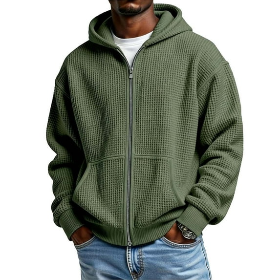 FAVIPT Mens Plain Waffle Knit Jacket Full Zip Casual Hooded Sweatshirt Long Sleeve Winter Coats Army Green,XXL
