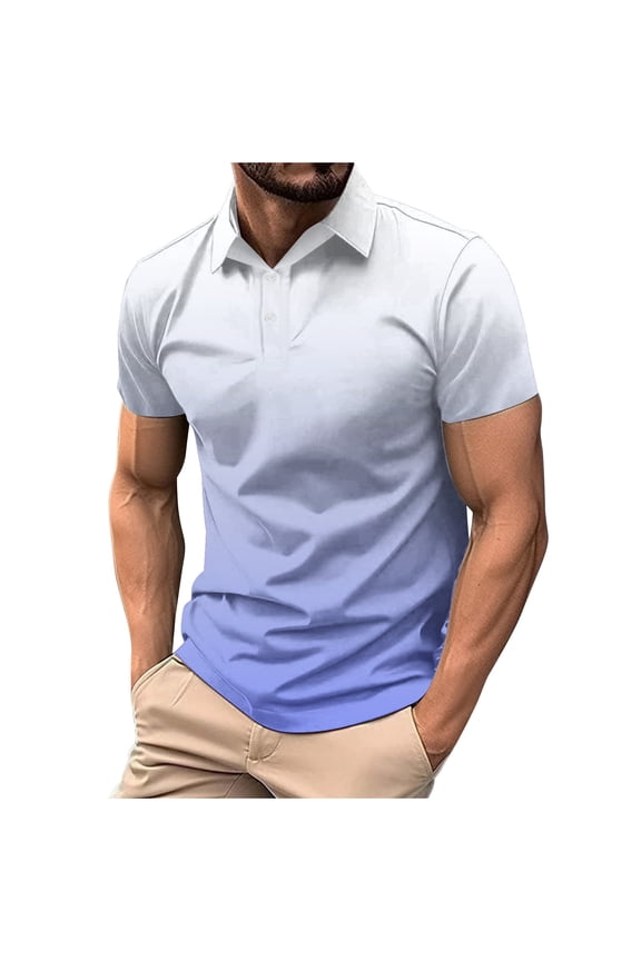 Mens Pullover Shirts Summer 2025 Casual Slim Blouses Lapel Button Up Golf Tennis Tops Short Sleeve Gradient Comfy Tees Sky Blue,L