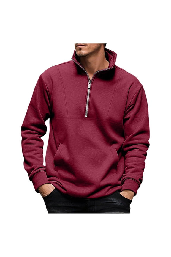 Mens Quarter Zip Pullover with Pockets Long Sleeve Mock Neck Polo Sweater Quilted Solid Color Casual Pullover 2025 Wine,L