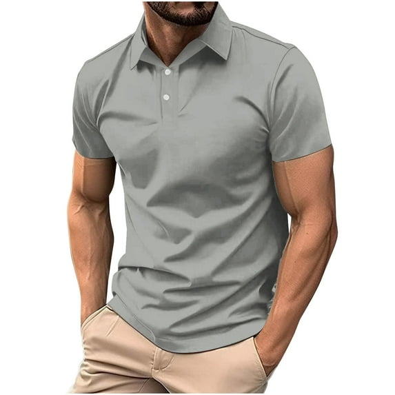 FAVIPT Mens Summer Work Shirts Short Sleeve Solid Color Blouses Lapel Button Up Pullover Tops Slim Fit Golf Tennis Tunic Tees 2025 Gray,S