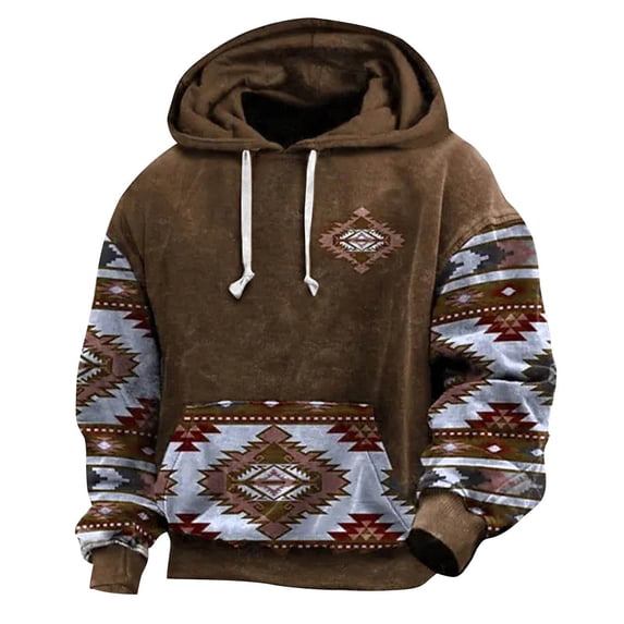 FAVIPT Mens Western Long Sleeve Hooded Sweatshirts Aztec Sweatshirt Ethnic Sweatshirt Baggy Casual Drawstring Hoodies with Pocket 2025 Brown,L