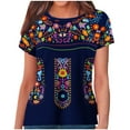 thumbnail image 1 of FAVIPT Mexican Embroidered Shirts for Women Print Retro Boho Blouses Short Sleeve Round Neck Tunic Tees Ethnic Style Bohemian Peasant Tops Casual Fashion 2025 Tee Navy,L, 1 of 5