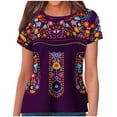 thumbnail image 1 of FAVIPT Mexican Embroidered Tops for Women Short Sleeve Crew Neck T Shirt Bohemian Peasant Ethnic Style Shirts Vintage Floral Print Pullover Tees Casual Summer 2025 Purple,L, 1 of 5