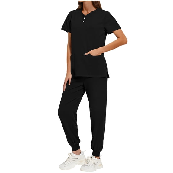 FAVIPT Nursing Uniform Scrubs Set for Women Stretchy Button Up Side Split Tunic Drawstring Soft Jogger Pant Black,XL