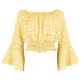 thumbnail image 1 of FAVIPT Off Shoulder Tshirt Girls Summer Gingham Plaid Flare Sleeve Shirts Ruffles Pleated Crop Tops Casual Cute Peasant Blouse Yellow,11-12 Years, 1 of 8