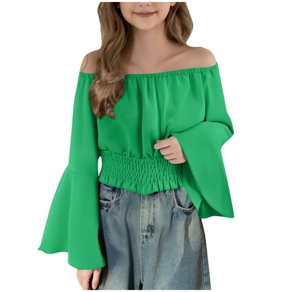 FAVIPT Off The Shoulder Blouse for Teen Girls Summer Flare Sleeve Shirt Ruffles Pleated Crop Tops Casual Solid Peasant Top Green,7-8 Years