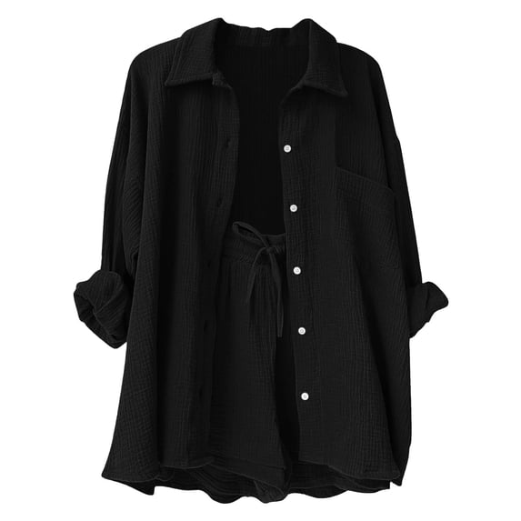 FAVIPT Outfits for Kids 2 Piece Sets Summer Long Sleeve Collared Button Shirts Drawstring Short Pants Casual Solid Sets Black,7 Years