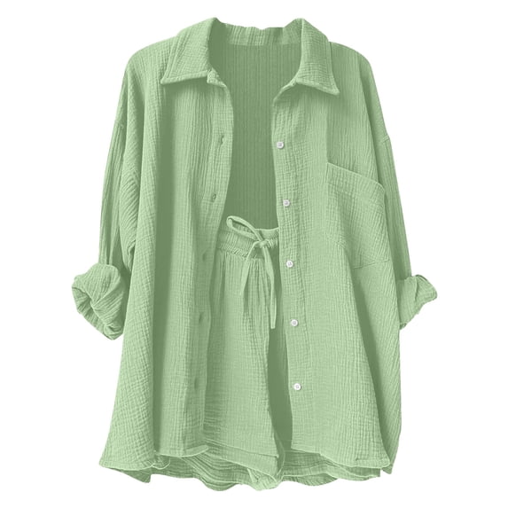 FAVIPT Outfits for Kids 2 Piece Sets Summer Long Sleeve Collared Button Shirts Drawstring Short Pants Casual Solid Sets Green,3 Years