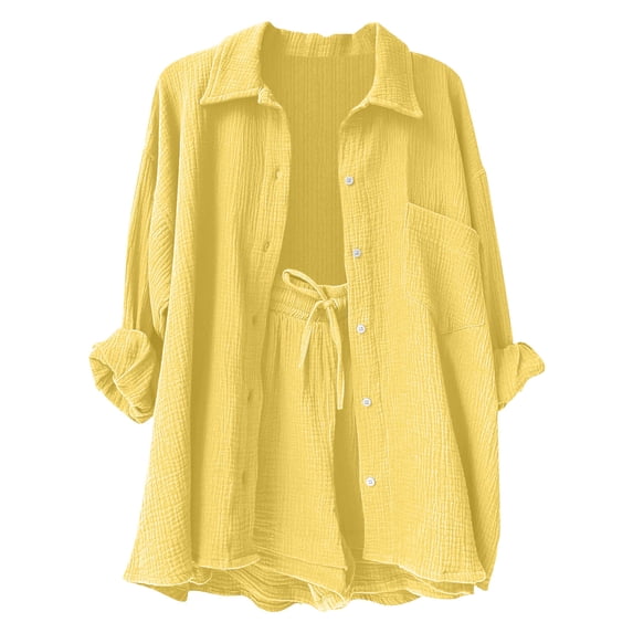 FAVIPT Outfits for Kids 2 Piece Sets Summer Long Sleeve Collared Button Shirts Drawstring Short Pants Casual Solid Sets Yellow,11 Years