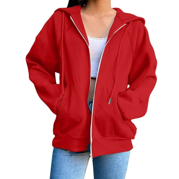 FAVIPT Oversized Full Zip Hoodies for Women Raglan Long Sleeve Drawstring Hoodie Sweatshirt Fleece Winter Warm Jackets with Pockets Red,XXXL