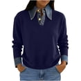 thumbnail image 1 of FAVIPT Oversized Knit Sweater for Women Fall Lapel Button Up Shirts Denim Patchwork 2 in 1 Cozy Long Sleeve Tops Navy,Free Size, 1 of 8