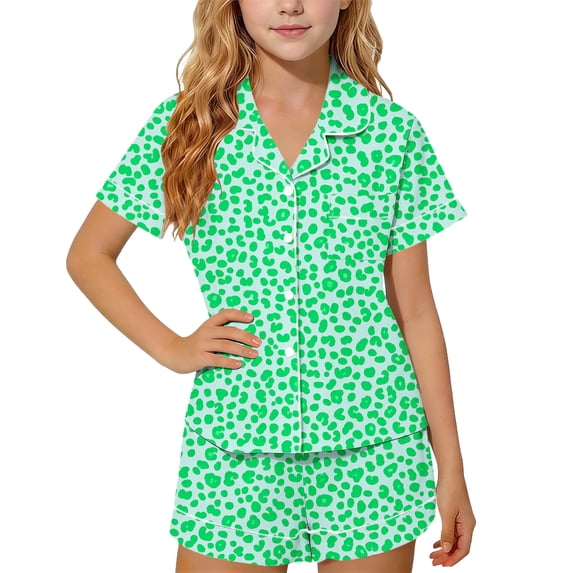 FAVIPT Pajamas Sets for Girls Summer Leopard Collared Short Sleeve T-Shirt and Shorts 2Pcs Pajama Button Down Loungewear Set Green,3-4Years