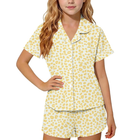 FAVIPT Pajamas Sets for Girls Summer Leopard Collared Short Sleeve T-Shirt and Shorts 2Pcs Pajama Button Down Loungewear Set Yellow,5-6Years