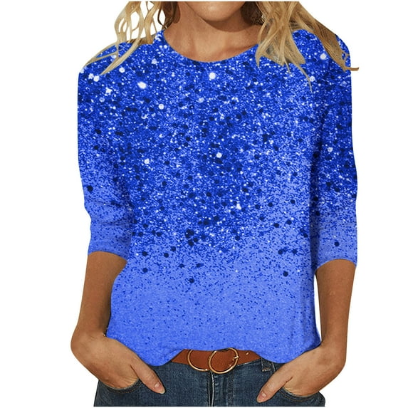 FAVIPT Party Tops for Women Womens 3/4 Sleeve Shirts Shinny Sequin Print Fashion Loose Fit Plus Size Glitter Tops 2025 Dark Blue,XXL