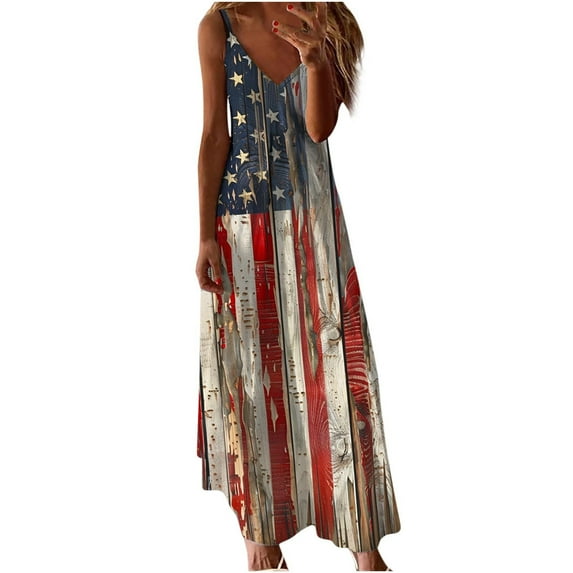 FAVIPT Patriotic Dress for Women 4th of July USA Flag Print Maxi Dresses Spaghetti Straps V Neck Longdress Summer 2025 Red,M