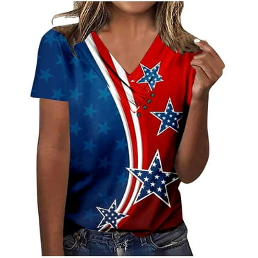 FAVIPT Patriotic Tops for Women 4th of July Print Fashion Shirts Short Sleeve V Neck Soft Blouses Casual Dressy Summer 2025 Tunic Tees Red,XL