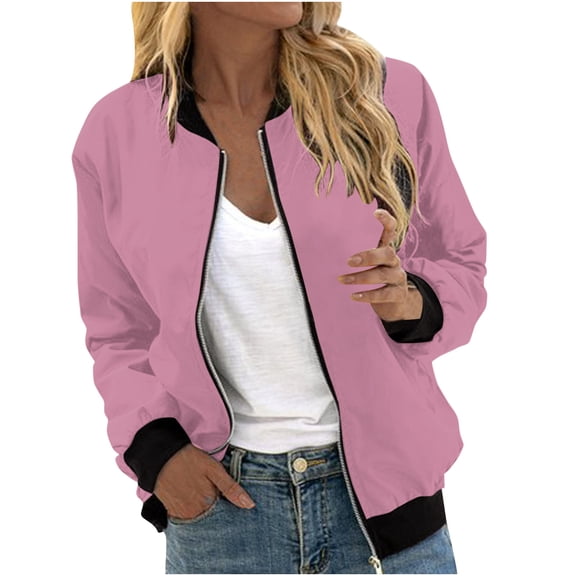 FAVIPT Pink Bomber Jacket Women,Women's Bomber Jacket Fall Lightweight Casual Coat Solid Stand Collar Zip Up Jackets Outerwear Windbreaker Coats with Pockets 2024 Pink,XL