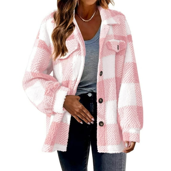 FAVIPT Plaid Coats Women 2024 Womens Plaid Shacket Jacket Long Sleeve Button Down Fleece Jackets Warm Coat Fuzzy Sherpa Lined Flannel Jacket Pink 4XL