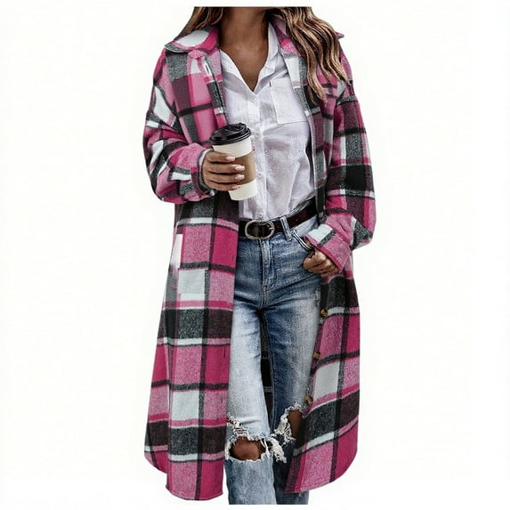 FAVIPT Plaid Flannel Trench Coat for Women Button Down Casual Shacket Lapel Pockets Long Jacket 2025 Fall Fashion Outerwear Pink,XL