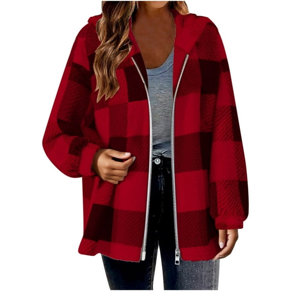 FAVIPT Plaid Fleece Coat for Women Zip Up Long Sleeve Hooded Jackets Sherpa Winter Warm Coats with Pocket Shackets for Women 2025 Red,XXL