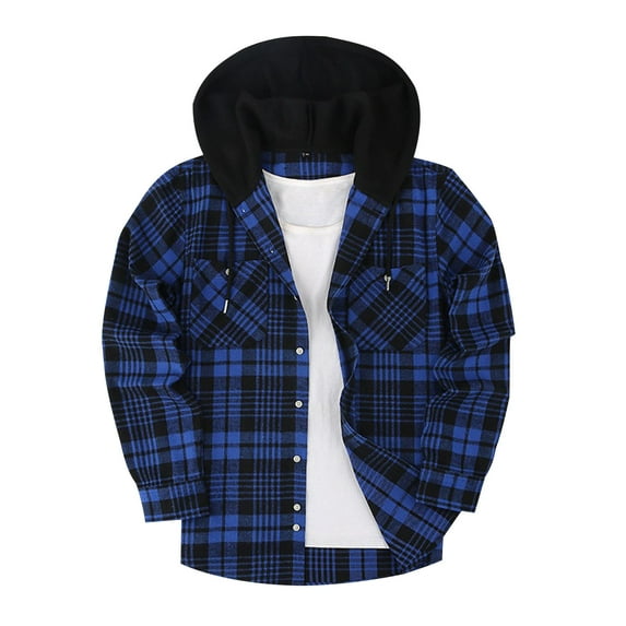 FAVIPT Plaid Hoodies for Men Big and Tall Button Down Casual Shirts Long Sleeve Drawstring Lightweight Outerwear 2025 Fall Fashion Outfits Blue,XXXL