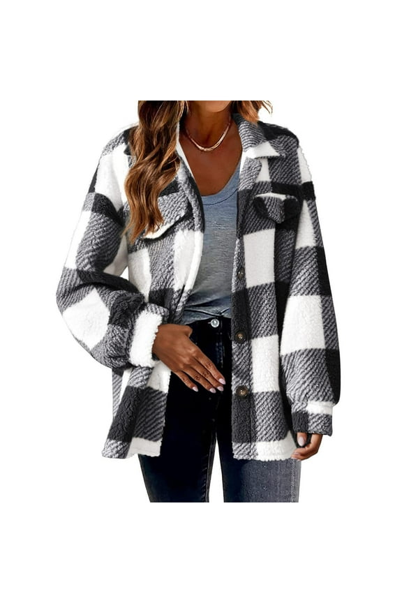 Plaid Jacket Womens Womens Fleece Plaid Jacket 2024 Fuzzy Shacket Jacket Long Sleeve Button Down Warm Winter Coats Sherpa Lined Jackets Black 2XL