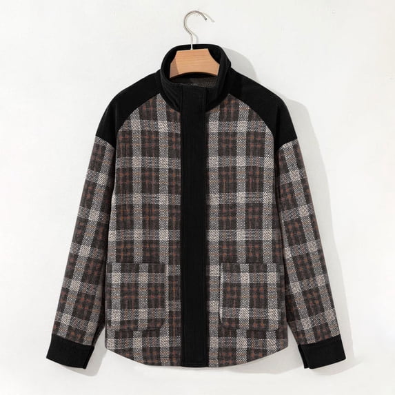 FAVIPT Plaid Jacket for Women Full Zip Snap Button Shacket Plush Patchwork Collared Coats Casual Fall Jacket for Women 2025 Black,XL