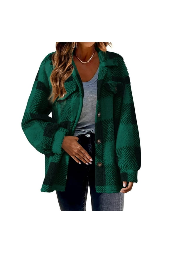Plaid Womens Shacket Shackets for Women 2024 Winter Warm Fuzzy Fleece Sherpa Plaid Shirt Jackets Button Down Long Sleeve Coats Green L
