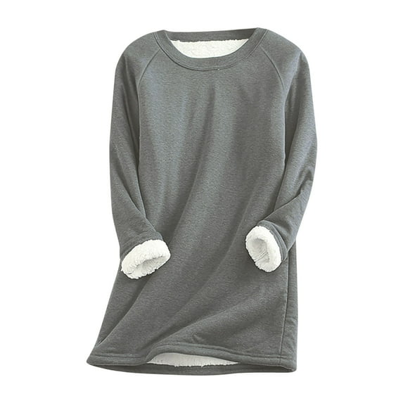 FAVIPT Plain Crew Neck Sweatshirts for Women Fleece Lined Sherpa Soft Underwear Long Sleeve Casual Winter Warm Tops Dark Gray,XXL