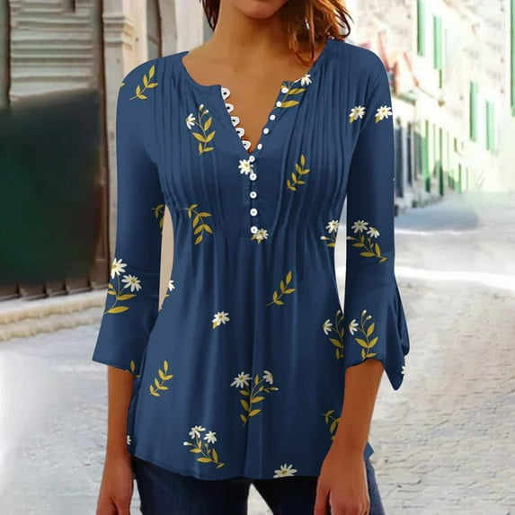 FAVIPT Pleated Shirts for Women 3/4 Sleeve Shirts for Women Bell V Neck Graphic T Shirts Button Pleated Boho Tops Elegant Vintage Floral Blouse Navy,XXL