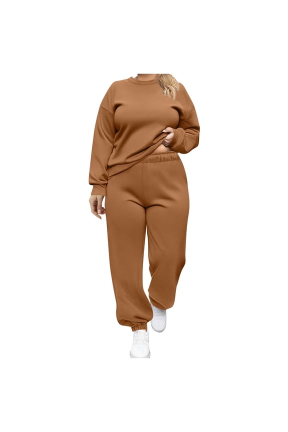 Plus Size 2 Piece Sweatsuit for Women Long Sleeve Crew Neck Tops Pockets Jogger Cuffed Sweatpant Set Lounge Athletic Travel Tracksuit Brown,XXXL