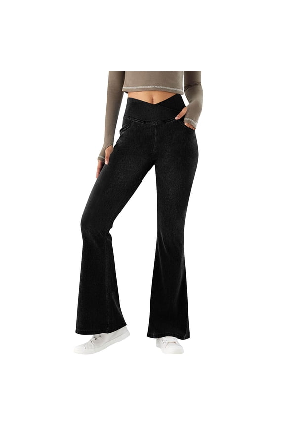 Plus Size Flare Jeans for Women Butt Lifting Wide Leg Yoga Pants High Waist Plain Stretchy Leggings Crossover Pull on Jeggings Black,XXXL