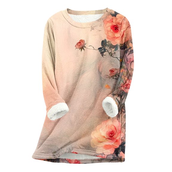 FAVIPT Plus Size Fleece Lined Sweatshirt Women Vintage Floral Print Tops Long Sleeve Crewneck Sherpa Pullover Casual Trendy Winter 2025 Loungewear Multicolor,XXXL